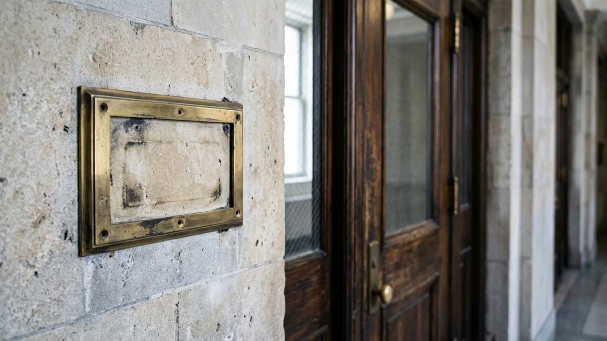 An empty brass nameplate mount on a stone wall beside a closed wooden office door, a faint outline showing where a company plaque once hung