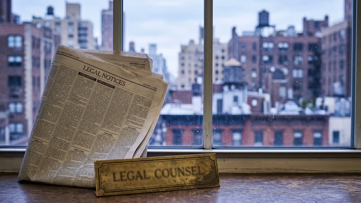 New York newspaper page with a legal LLC formation notice next to a Manhattan business address