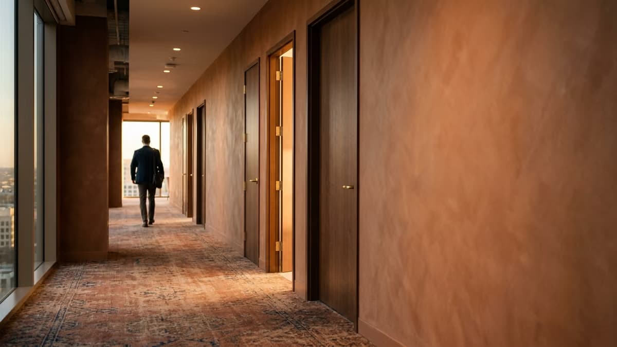 A business professional walking down a warm sunlit corridor of a working office building, passing a row of unmarked doors with only two slightly ajar