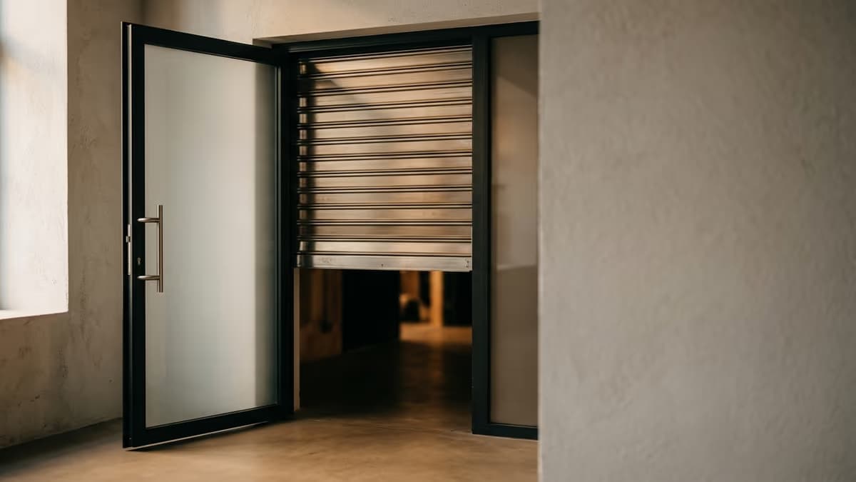 A half-lowered metal security shutter positioned just behind an open glass doorway, lit by warm directional light, symbolizing a second gate that can close after an account is approved.