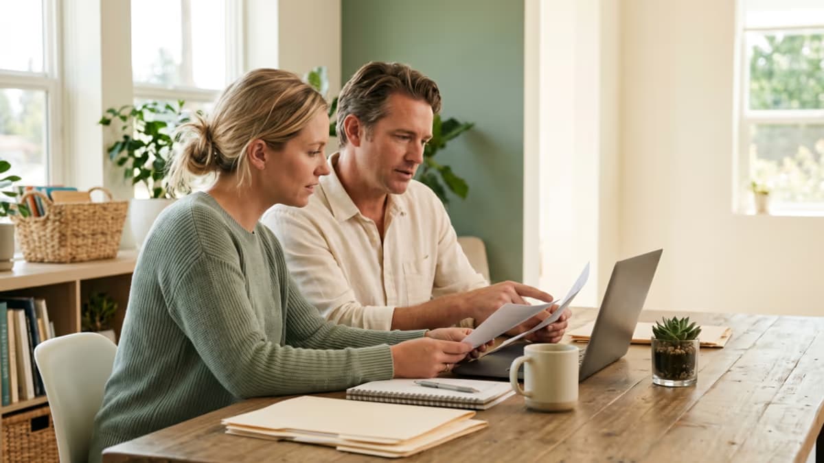 Nonprofit founder reviewing incorporation and IRS paperwork at a desk in a bright office