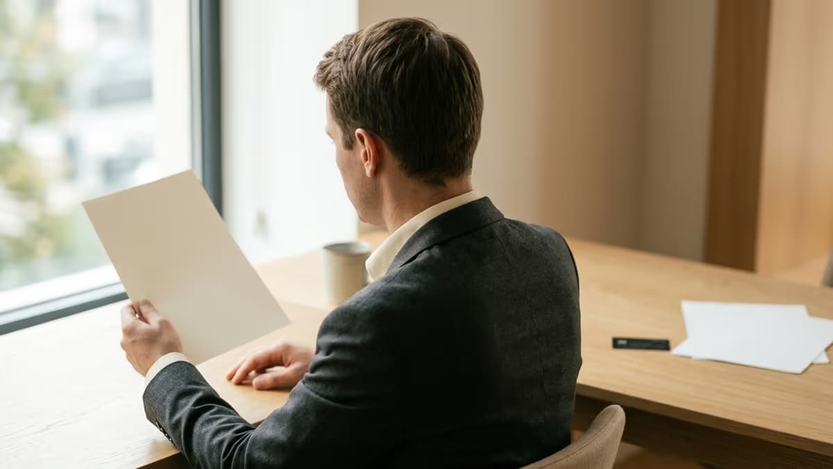 A business professional seen from behind reviewing a document at a bright desk by a window, representing verifying a business payment account