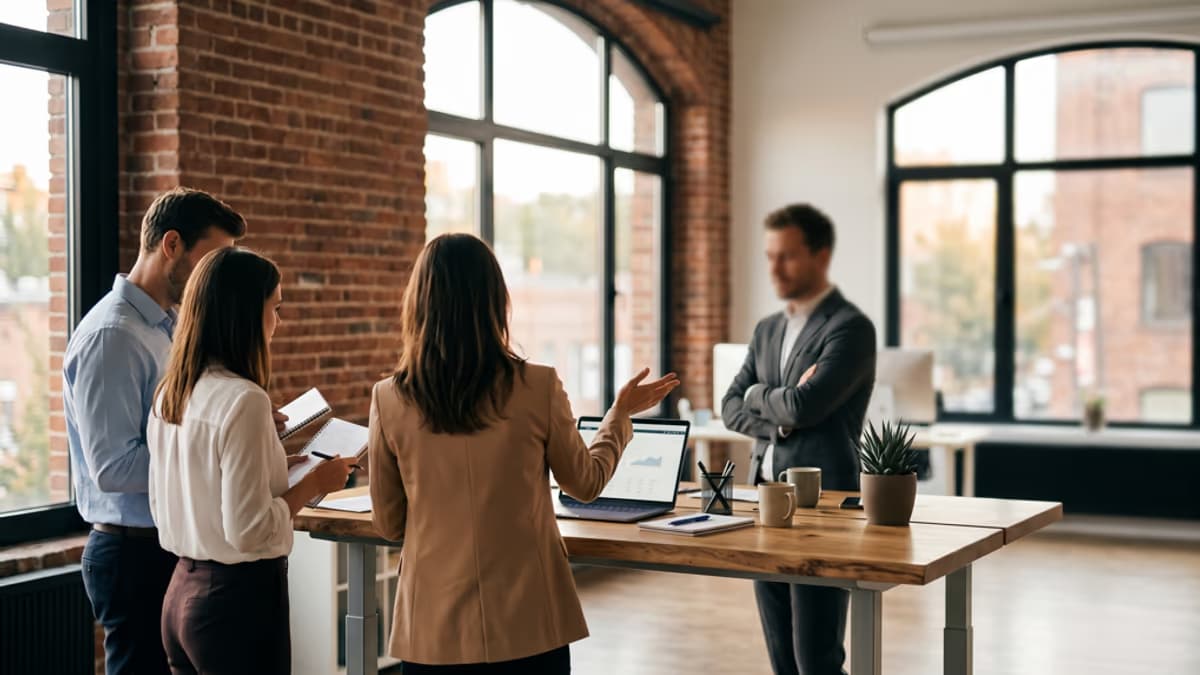 A group of business professionals gathered around a standing desk in a bright open-plan office, viewed from behind with no faces visible, warm caramel and white palette with soft amber accents