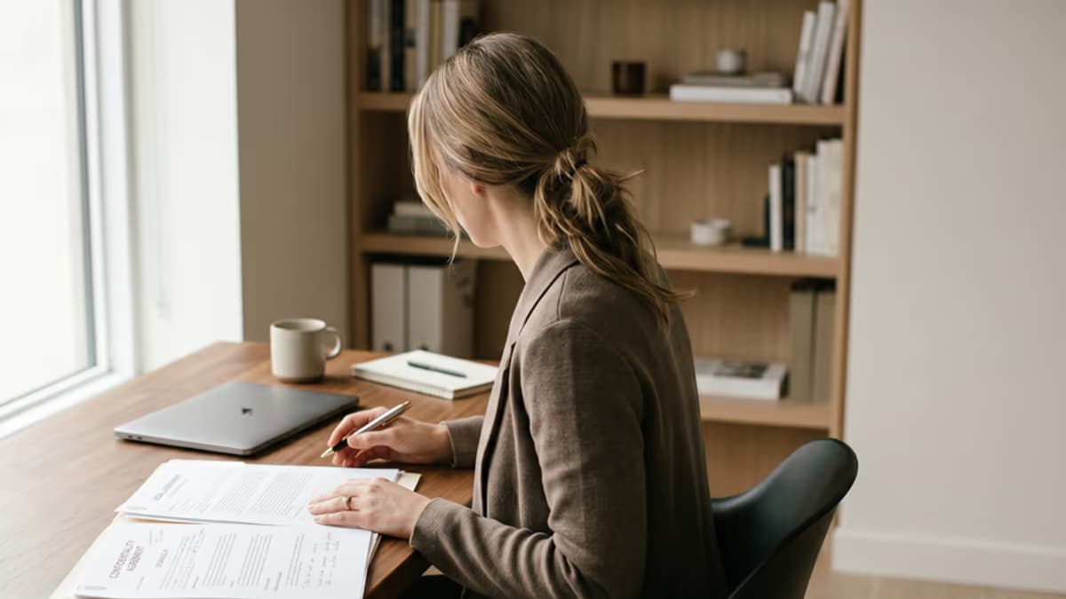 A business professional working at a modern minimalist office desk with a laptop, papers, and a coffee mug, viewed from the side with no face visible, soft natural window light, warm beige and brown color palette, editorial blog hero composition