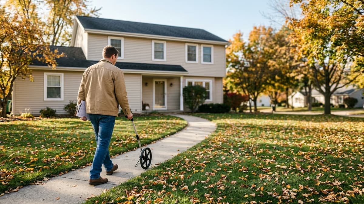 A property appraiser seen from behind rolling a measuring wheel along the front walk of a two-story suburban house in autumn