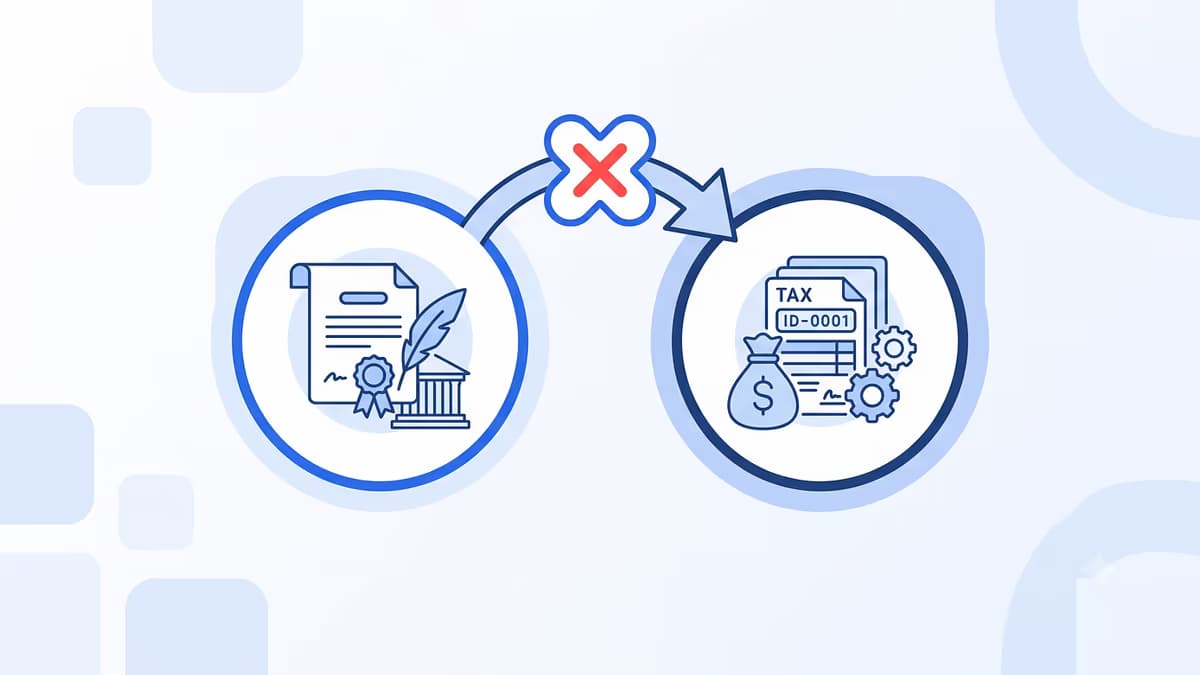 A blue line illustration with a legal document, quill, and government building on the left, a red X, and an arrow pointing to a tax ID document with a money bag on the right, showing that a registered agent does not get you an EIN.