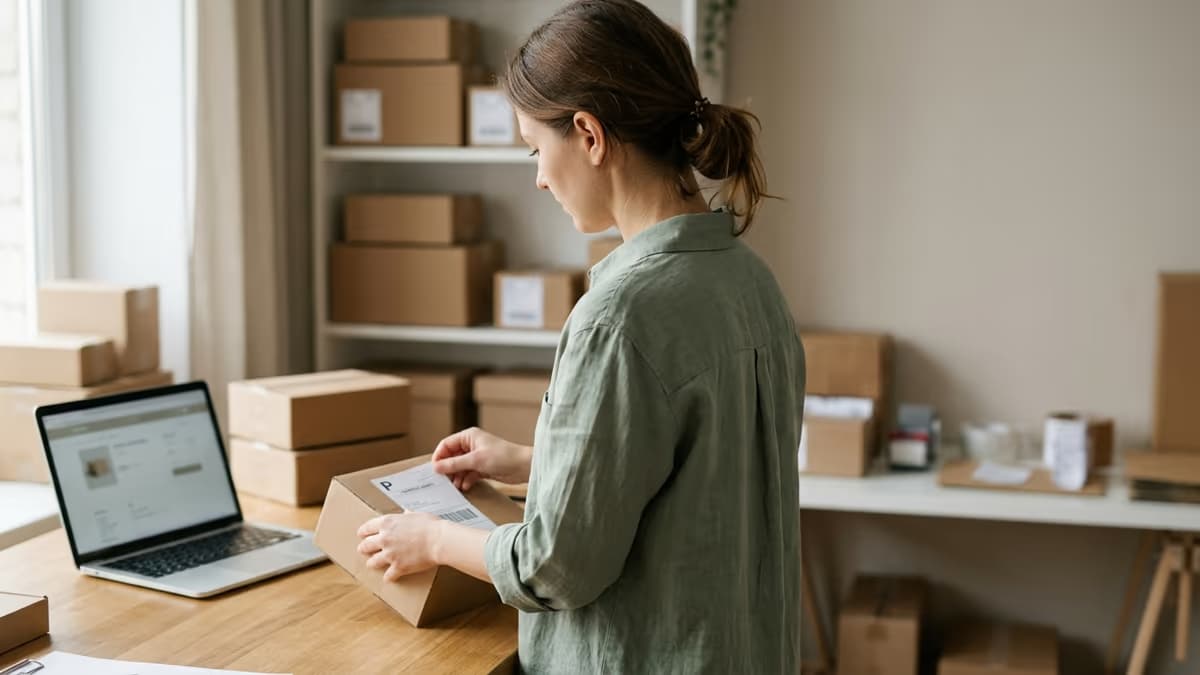 An online seller in side profile applying a shipping label to a parcel at a home fulfillment corner, with shelves of stacked shipping boxes and a laptop nearby.