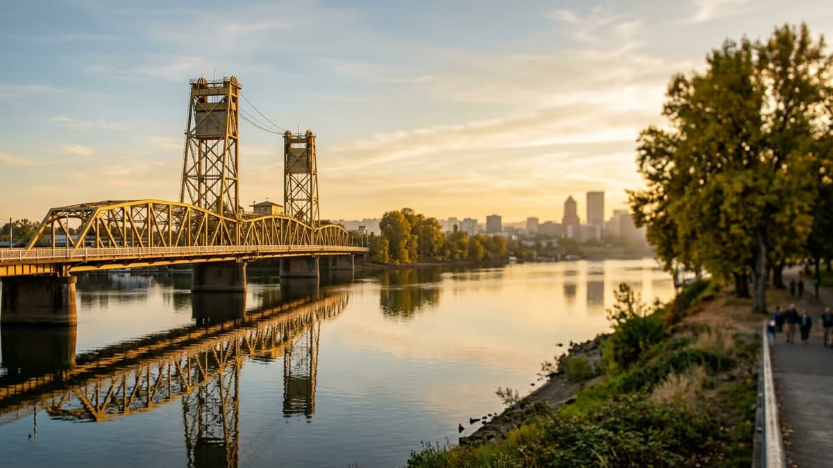 A gold-painted lift bridge over a calm river at golden hour, with trees along the bank