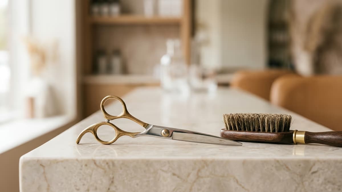 Close-up of professional hairdressing scissors and styling brushes resting on a marble salon counter