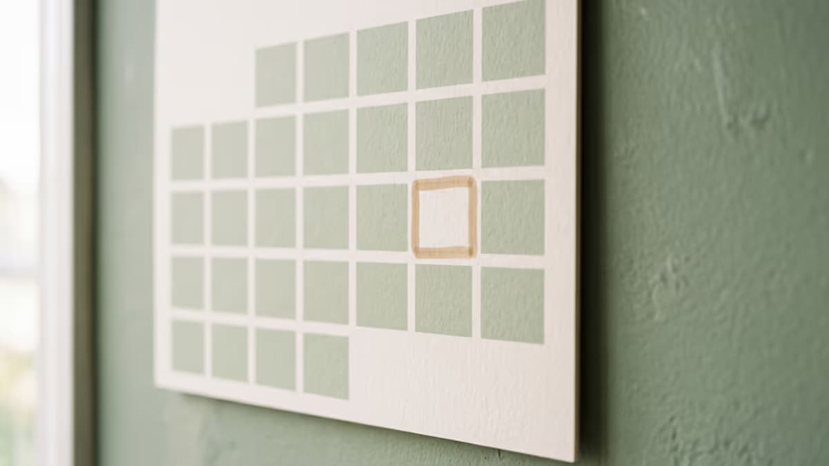 A close-up of a minimalist wall-mounted desk calendar showing a single highlighted thirty-day window, viewed at a slightly elevated angle, soft natural window light, muted sage green and cream color palette, editorial blog hero composition