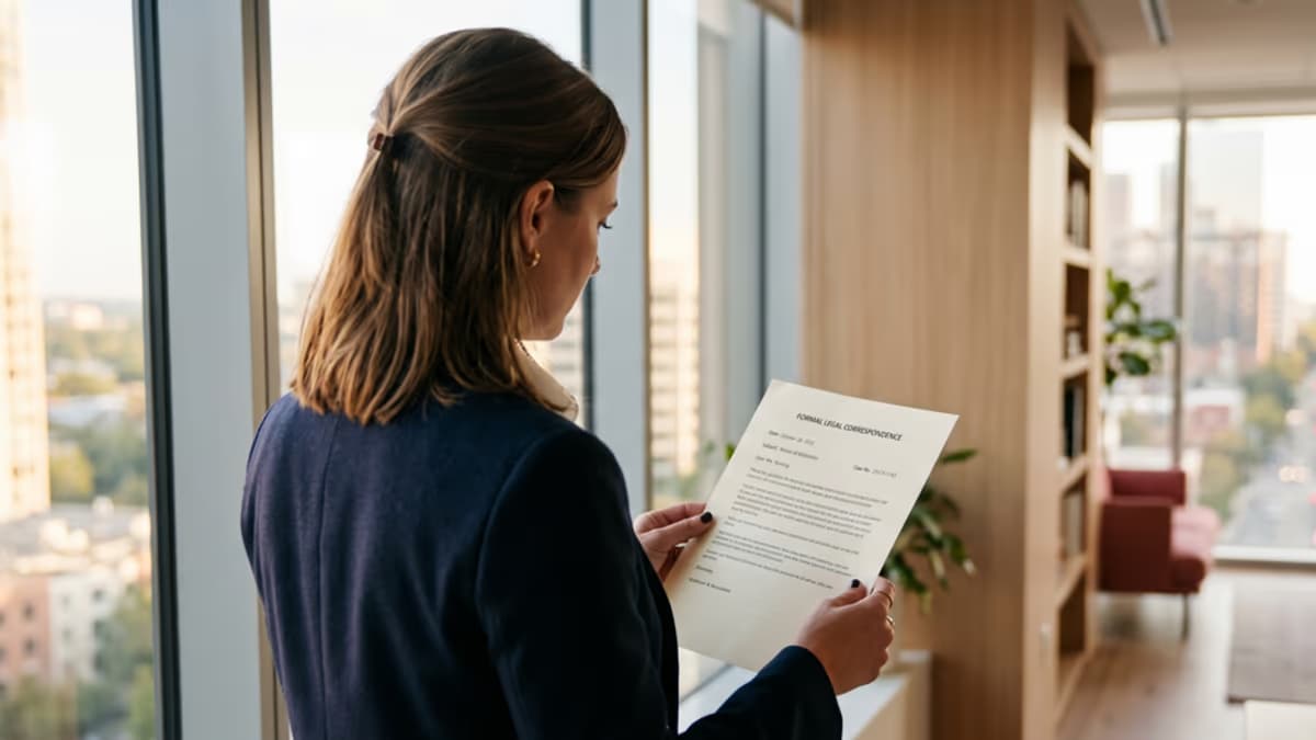 Over-the-shoulder view of a business professional reading a formal printed legal letter near a large office window, soft natural light, modern minimalist workspace, no face toward the camera, editorial composition with negative space on the right