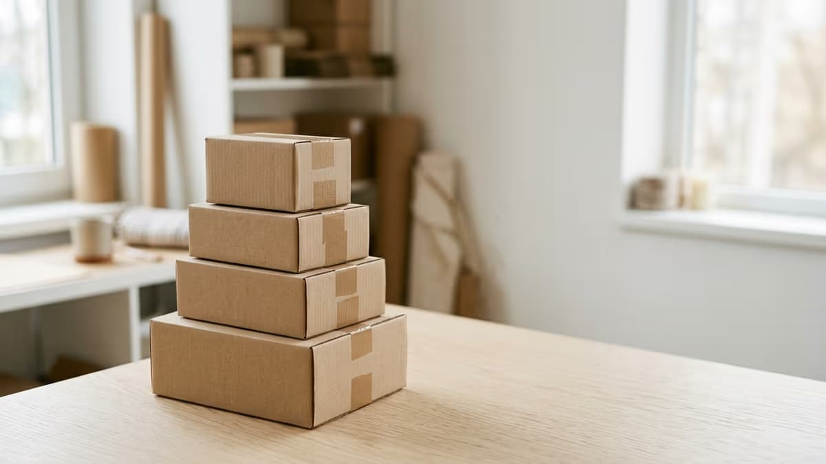 Plain kraft shipping parcels neatly arranged in a bright modern workspace, representing a dropshipping seller's own business address separate from the supplier's warehouse