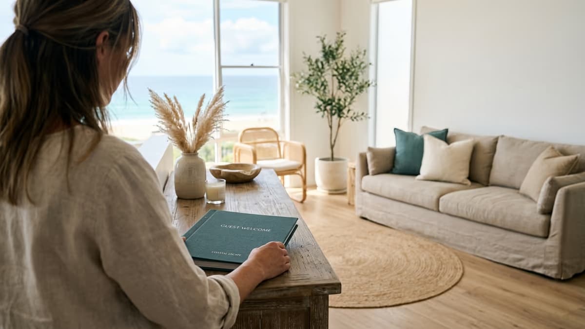A tidy coastal vacation rental interior with a guest welcome binder on the table, representing a short-term rental run as a registered business