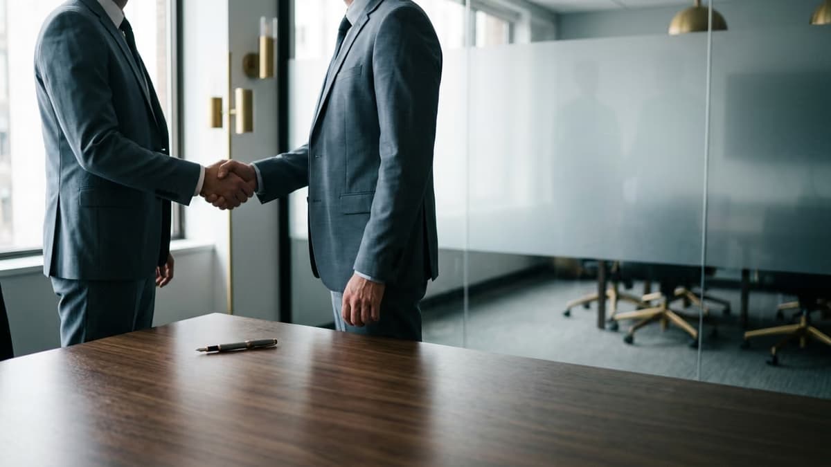 Two business professionals shaking hands across a conference table after agreeing on contract terms