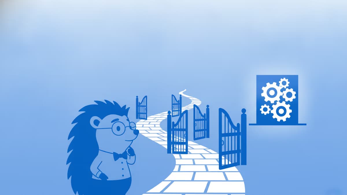 Henry the hedgehog in glasses and a bow tie walking a winding path through a series of open gates toward a panel of gears, representing a back office catching up