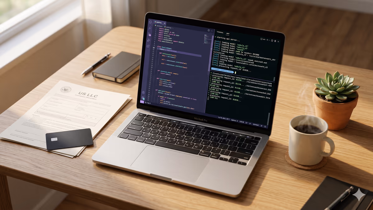 A minimalist desk with an open laptop showing an AI code editor, a folded US LLC formation document, a matte black credit card, and a coffee mug in warm morning light