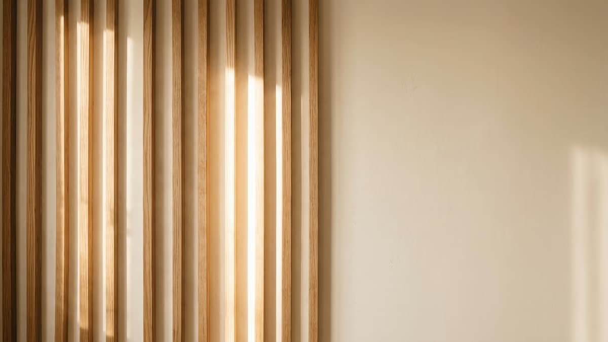 Warm light falling through vertical wooden slats and casting striped shadows across a plaster wall