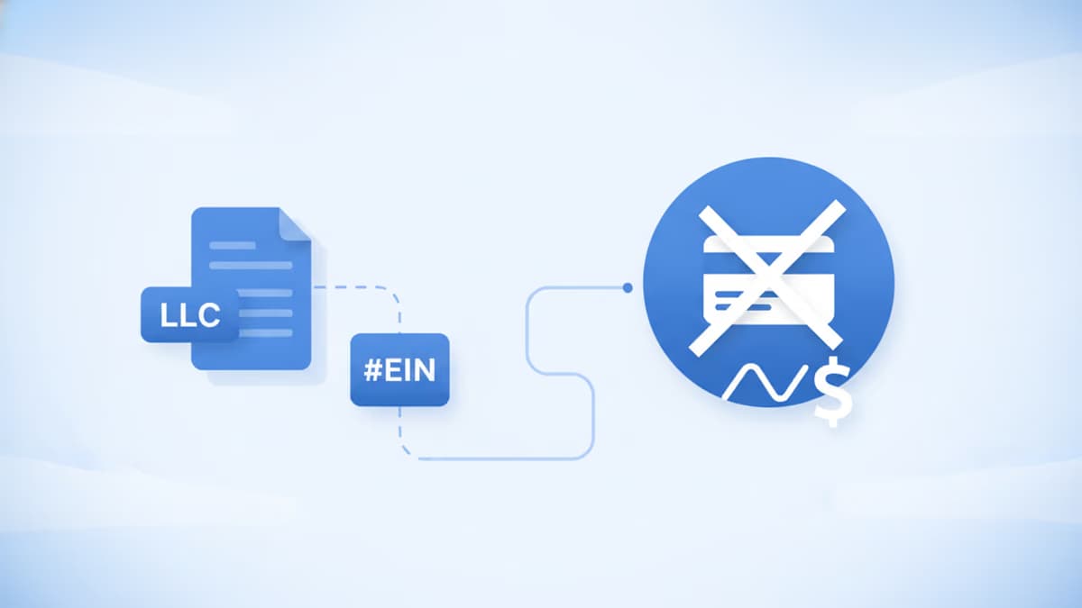 A flat blue diagram of an LLC document and an EIN tag connected by a dotted line to a blue circle showing a crossed-out bank card above a dollar sign