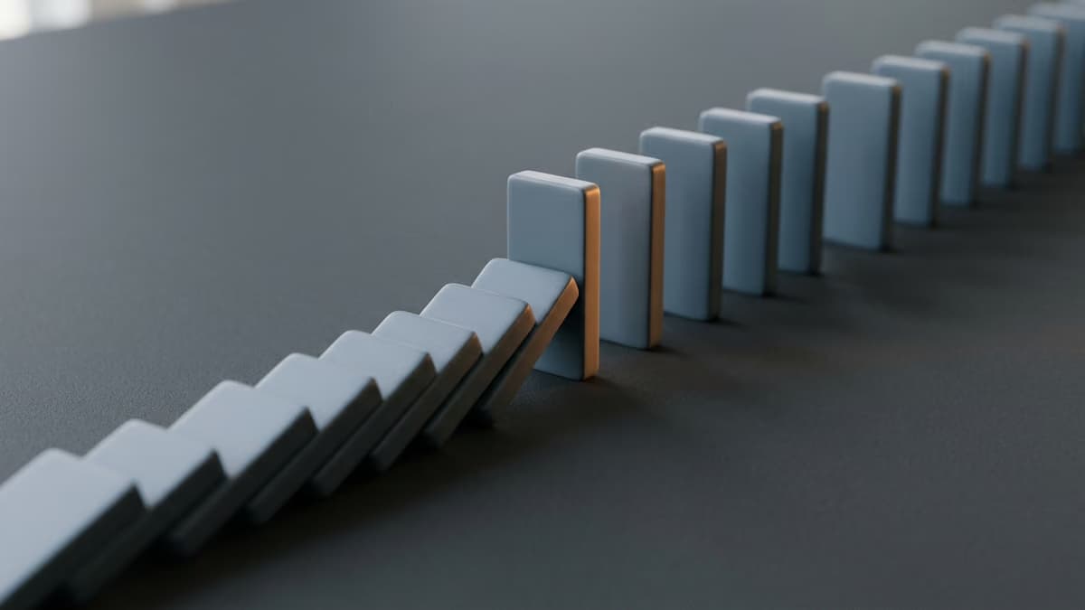 A line of toppled dominoes stopping at a single upright tile lit by a soft amber glow, symbolizing a business whose activity has been halted