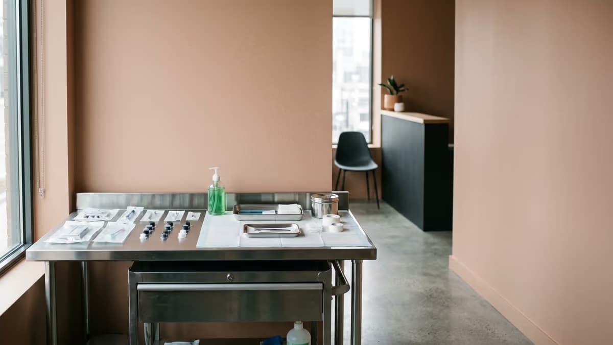 A clean, modern tattoo studio interior with a tidy stainless prep station and a minimal reception corner, representing a licensed body-art business with a physical location