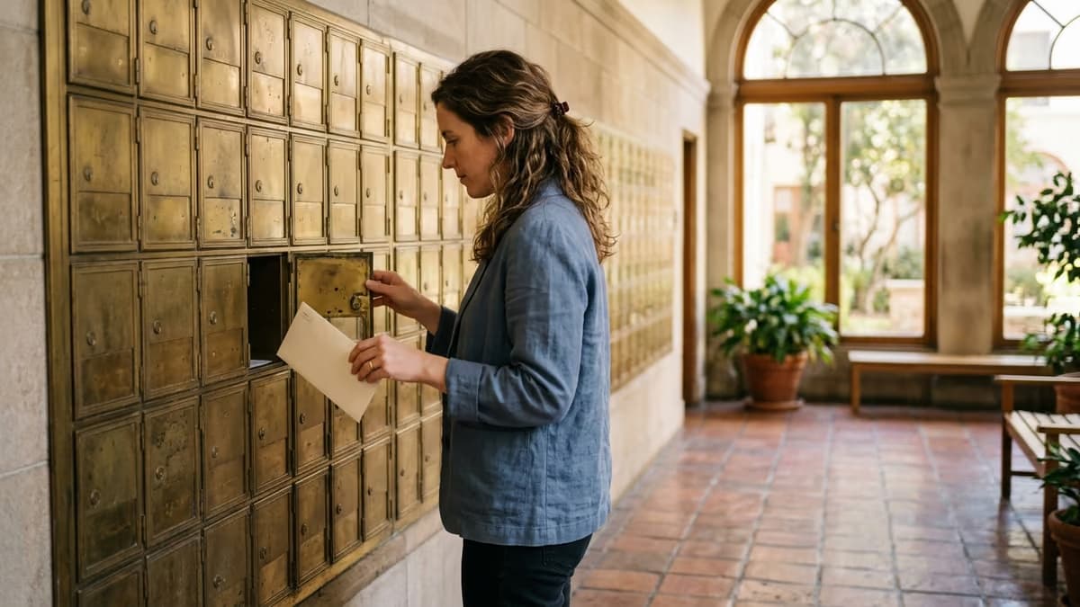 A woman opening a brass mailbox in a sunlit apartment lobby with terracotta floor tiles, holding a plain envelope
