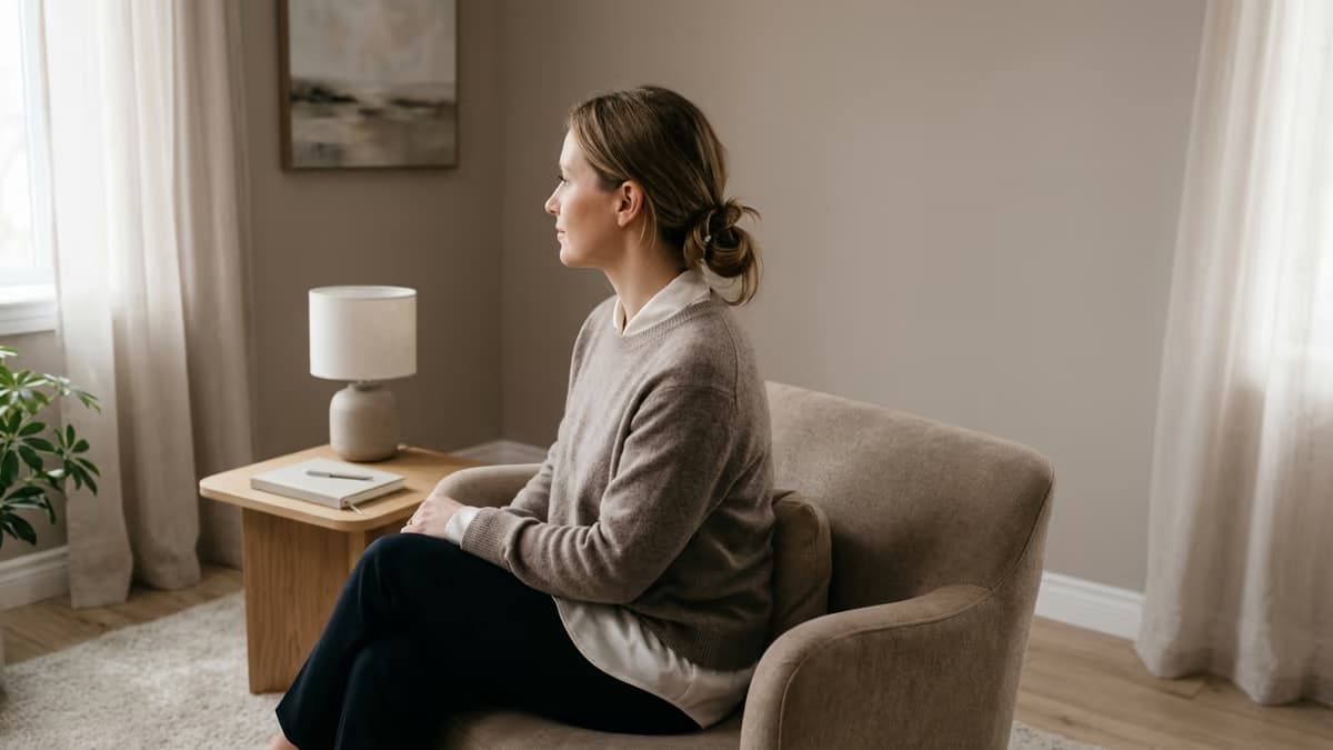A counselor seated in profile by a softly lit window in a calm private practice therapy room