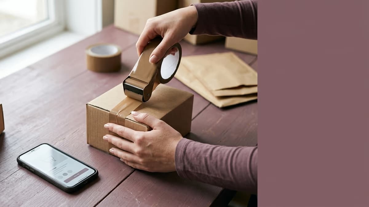 A small parcel with a shipping label beside a phone showing a shopping app, representing a TikTok Shop seller preparing an order