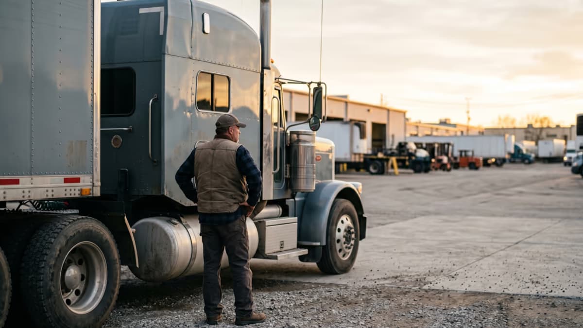Long-haul semi truck parked at a depot with a driver reviewing paperwork on a clipboard