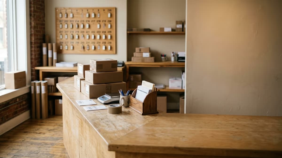 Interior of a small retail mail and shipping center counter with parcels, representing a commercial mailbox address option for a business