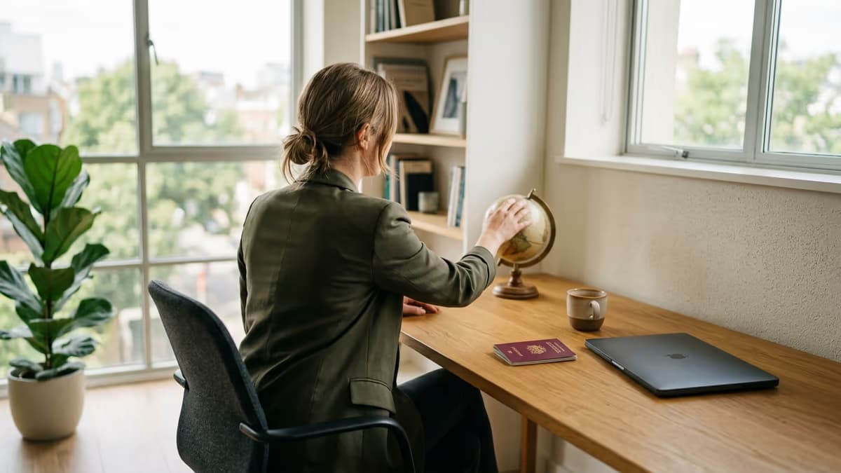 A business professional seen from behind at a bright workspace reaching toward a small desk globe, with a passport beside a closed laptop, symbolizing registering a US company from abroad