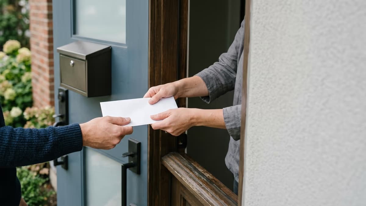 A person handing an envelope at a home front door beside a residential mailbox, representing using another address for an LLC