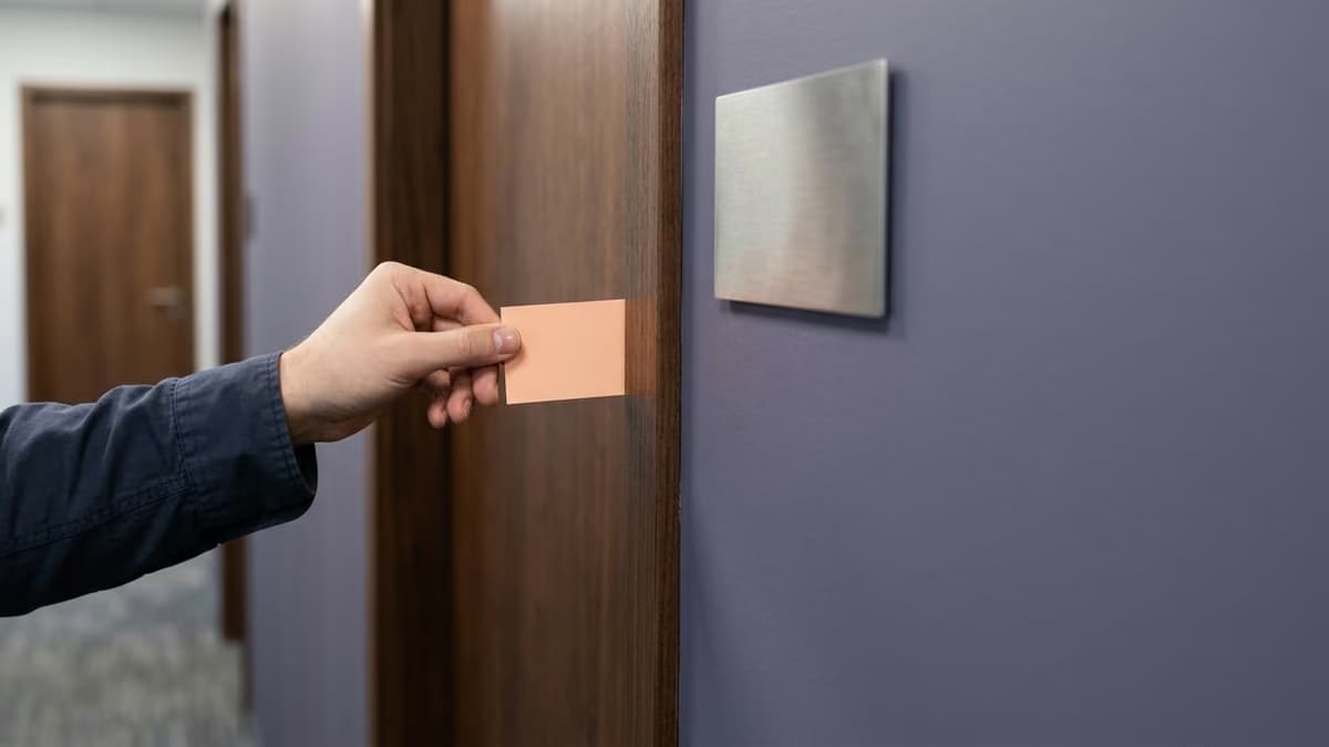 A hand pulling a small peach-colored delivery notice card from the frame of a closed office door in a quiet hallway
