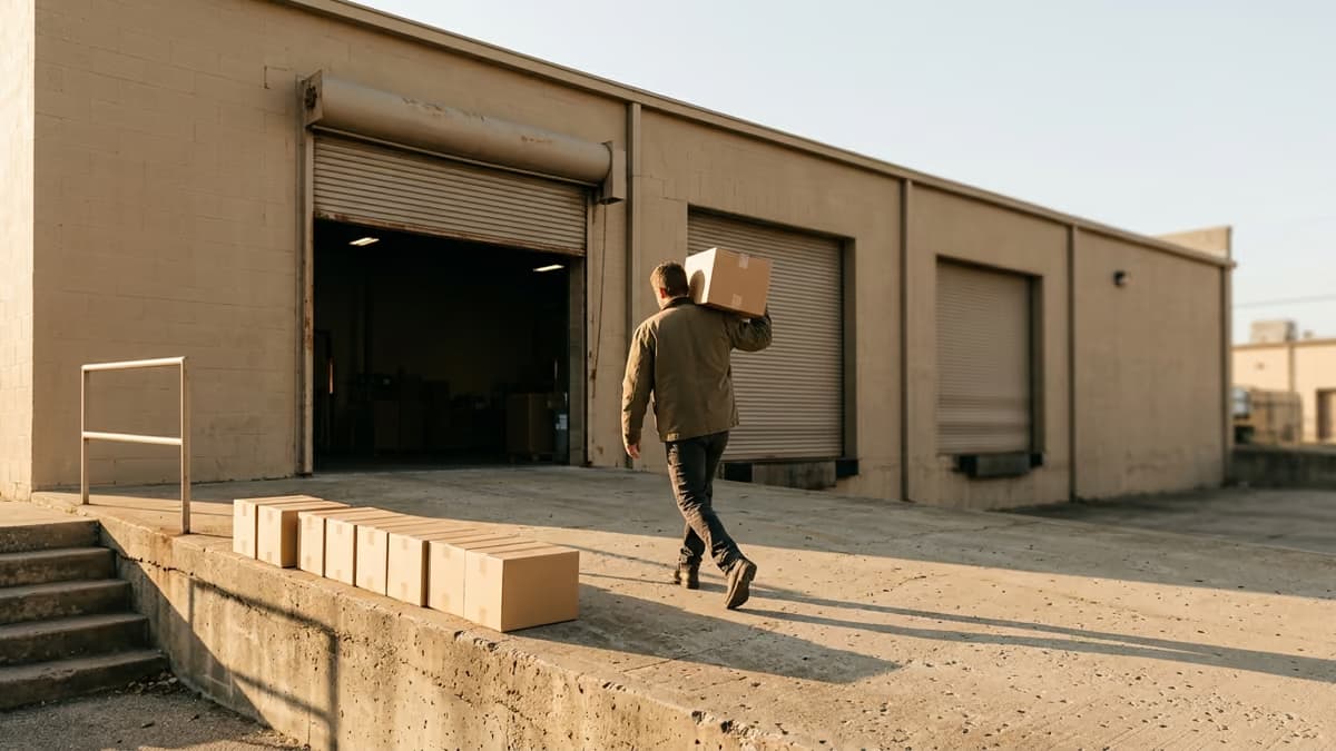 A delivery worker seen from behind carrying a plain cardboard carton toward an open roll-up door at a concrete loading dock in warm late afternoon light, with no signage or labels visible