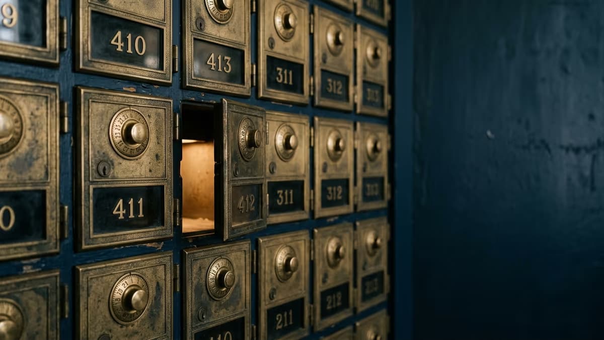 A close-up wall of numbered brass post office boxes with one small door slightly open, representing the PO Boxes the Postal Service offers versus a real street address from a third-party provider