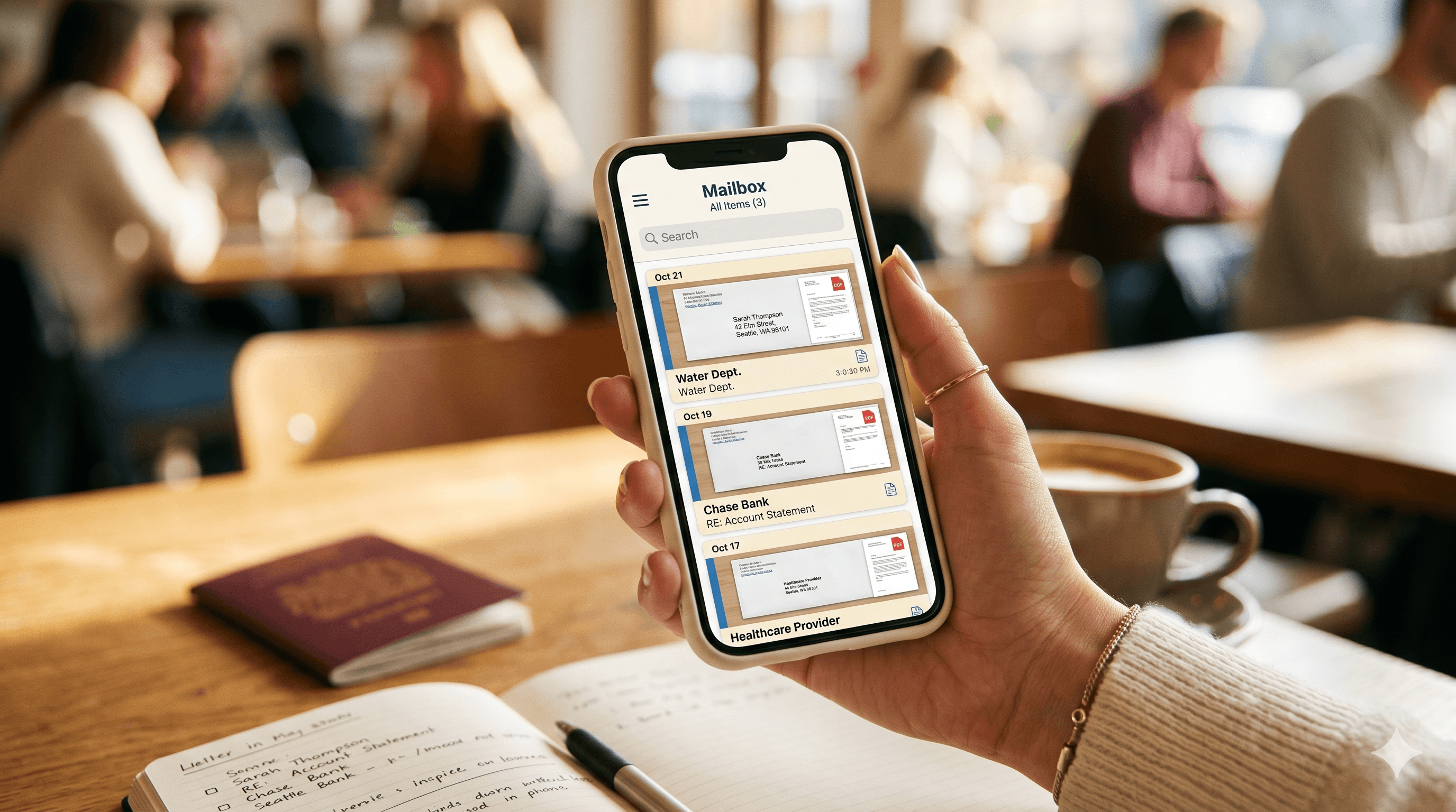 A hand holding a phone in a cafe showing a digital mailbox app with scanned envelopes from Bank, Amazon, and IRS, with a passport and notebook on the table