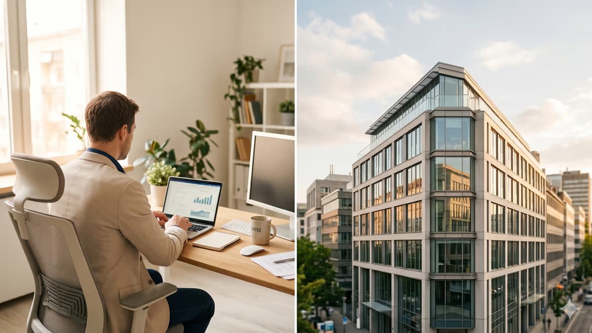 A split editorial composition with a person seen from behind at a bright home workspace on the left and a professional city office building on the right, warm natural light, negative space along the top for a title overlay
