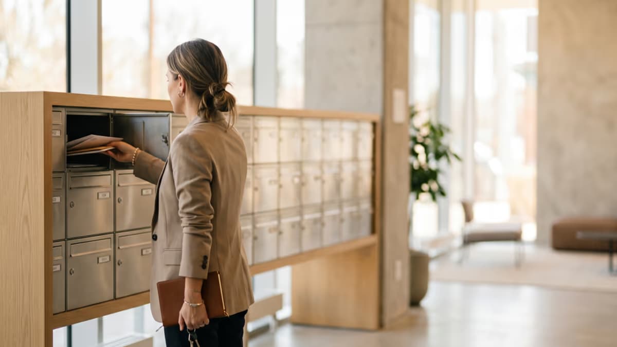 A business professional retrieving mail from a row of mailboxes in a modern office lobby, comparing PO box and virtual office mail handling