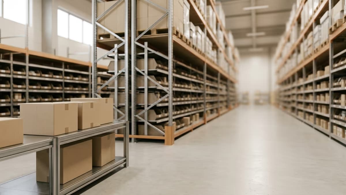 A clean modern fulfillment warehouse aisle with shelving racks and a few plain cardboard boxes, representing a marketplace seller using a fulfillment service