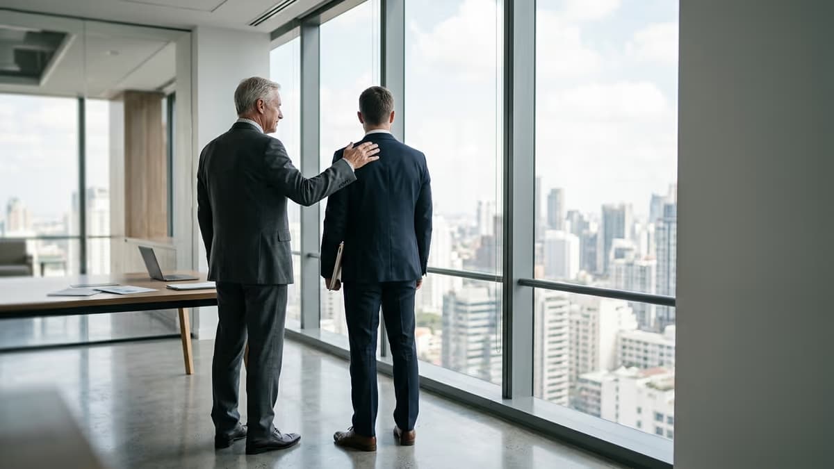 Two business professionals of different generations standing together by a large window in a modern office, the elder's hand resting on the younger colleague's shoulder, suggesting a business quietly passed on to a successor