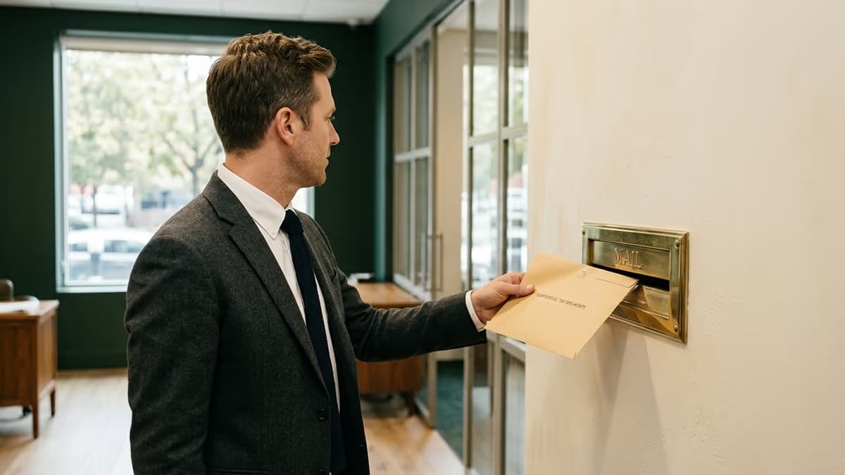 Business professional mailing a sealed envelope of tax forms into an office mail slot, representing mailing business tax forms to the IRS