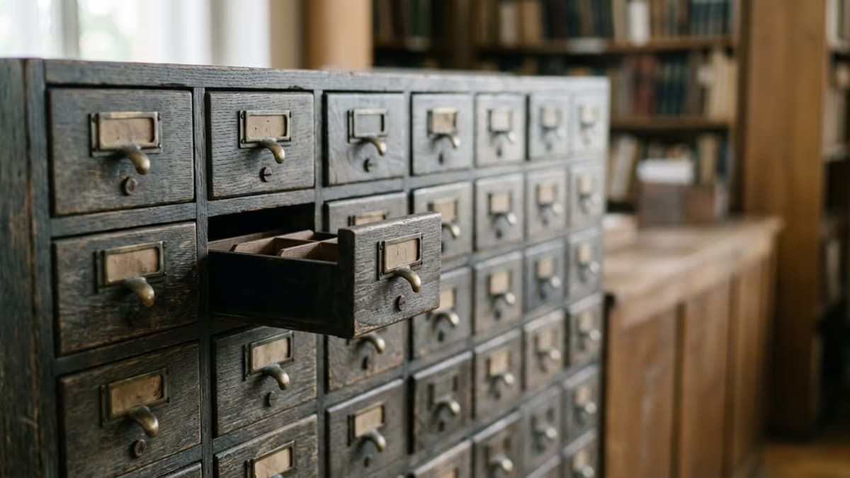 Close-up of an antique card-catalog index cabinet with a grid of small wooden drawers and aged brass pulls in soft window light, one drawer slightly open, symbolizing a reconciled reference list, editorial composition with negative space on the right