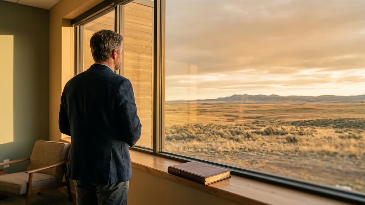 A business owner standing at a wide office window at golden hour, looking out over open plains, with a closed ledger book resting on the sill.