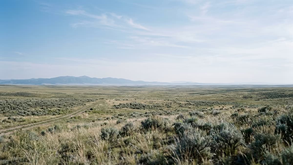 Wide open high plains grassland with a faint dirt track fading toward distant mountains under an open sky, with no buildings anywhere in view