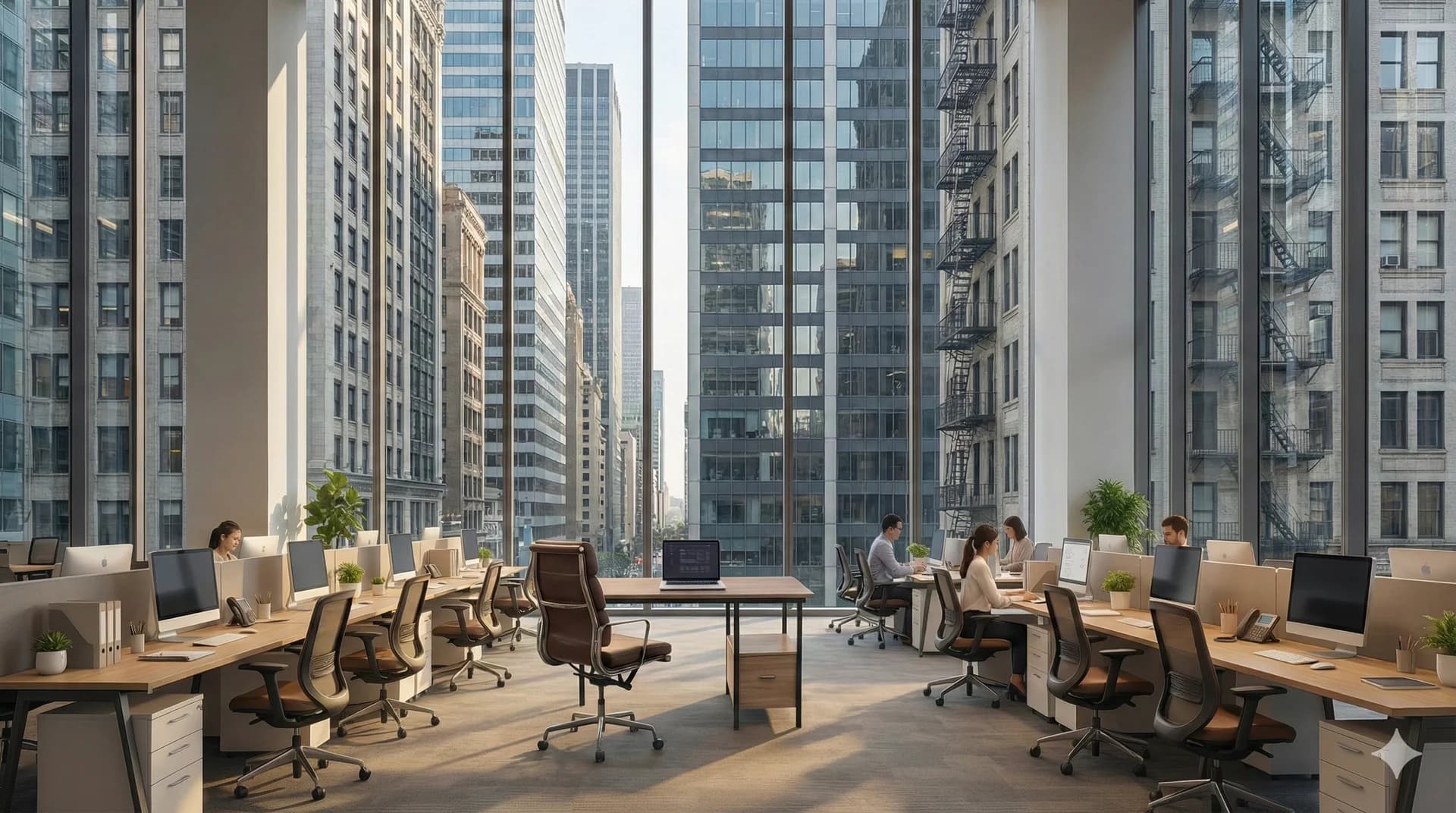 Modern virtual office with city skyline view