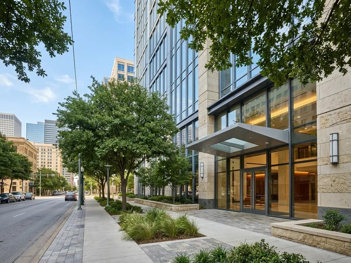 Modern glass office building on a downtown street, Dallas, Texas