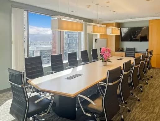 Boardroom with a long table and city view, Los Angeles, California