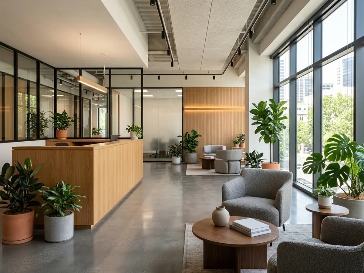 Modern office reception and lounge with natural light