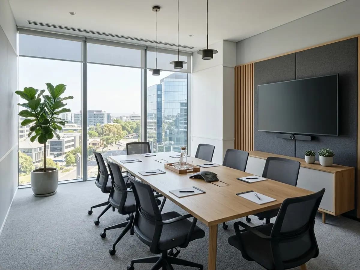 Modern private meeting room with floor-to-ceiling windows