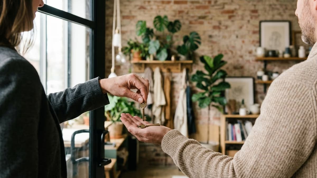 Two business partners inside a small studio with a brick wall and plants, one dropping a second brass key into the other’s open palm in soft window light