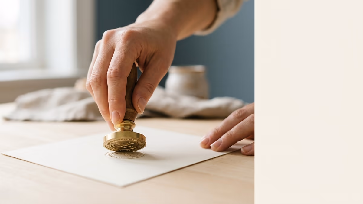 Hands pressing a brass stamp onto a clean sheet of paper at a wooden desk, representing officially enrolling and protecting a registered brand